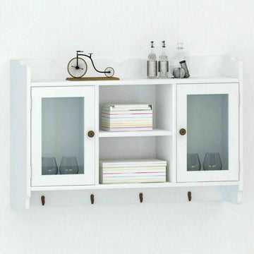 Wall Cabinet Storage Kitchen Bathroom Display Rack Spice 2-Door Shelf Coat Hooks